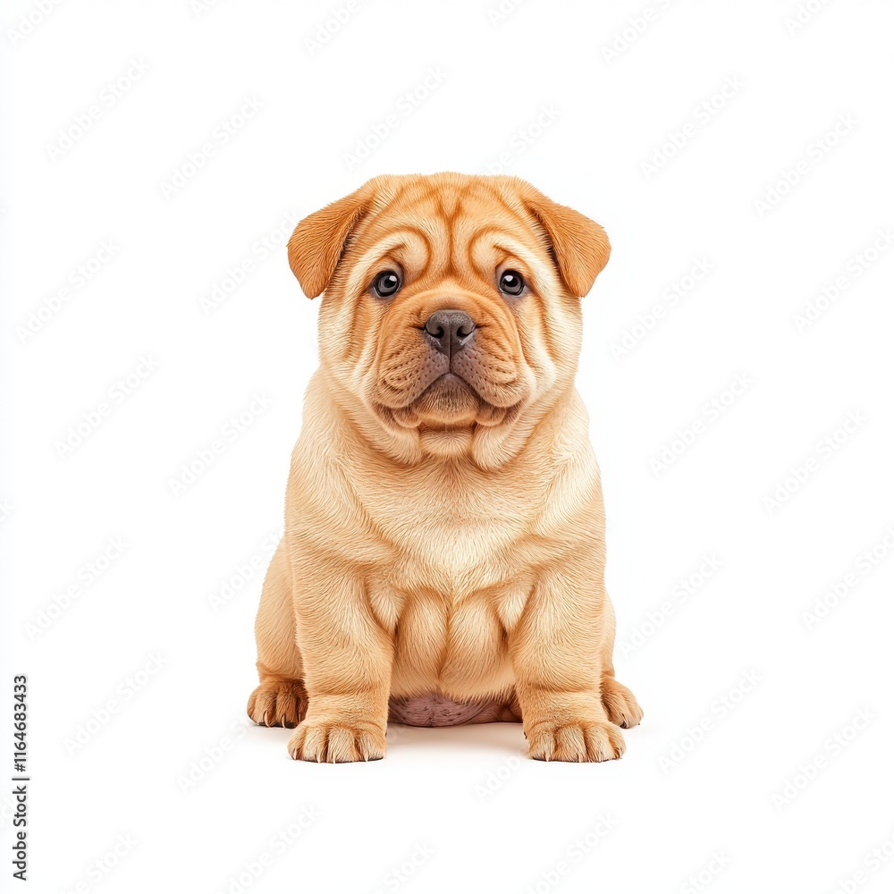 A cute and wrinkled Shar Pei puppy sitting calmly, showcasing its unique features and glossy coat, perfect for pet lovers. A cute and wrinkled Shar Pei puppy sitting calmly, showcasing its unique features and glossy coat, perfect for pet lovers.