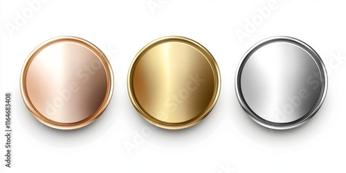 Realistic 3D gold silver and bronze circular frames First second and thirdplace medals or buttons on a black background Certified quality blank badge set