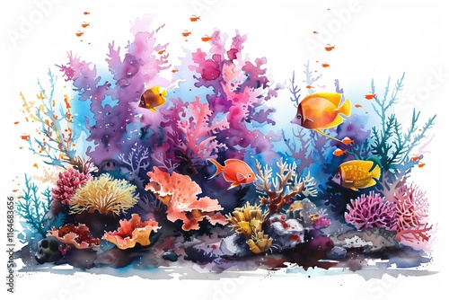 Vibrant underwater scene showcasing colorful coral reefs and diverse fish species in a lively marine habitat. photo