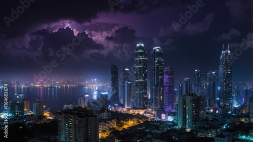 Night Cityscape Dramatic Skyline Purple Storm Cloudscape