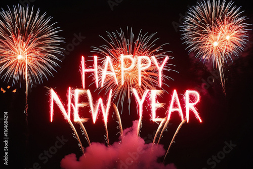 Vibrant fireworks illuminate a dark night sky, spelling out 'Happy New Year' in bold letters. A festive and celebratory scene perfect for holiday or seasonal designs