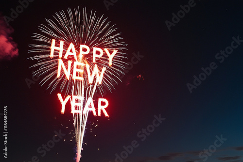 Vibrant fireworks illuminate a dark night sky, spelling out 'Happy New Year' in bold letters. A festive and celebratory scene perfect for holiday or seasonal designs photo