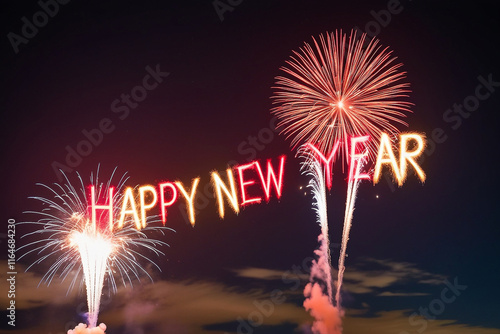 Vibrant fireworks illuminate a dark night sky, spelling out 'Happy New Year' in bold letters. A festive and celebratory scene perfect for holiday or seasonal designs