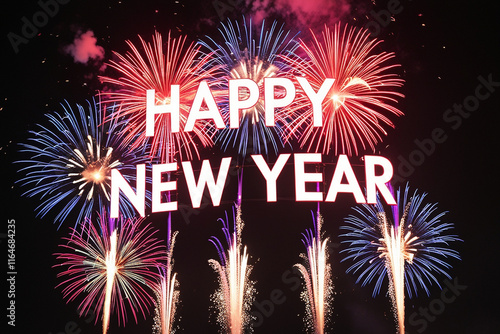 Vibrant fireworks illuminate a dark night sky, spelling out 'Happy New Year' in bold letters. A festive and celebratory scene perfect for holiday or seasonal designs
