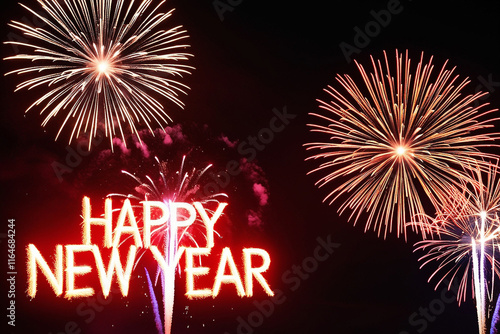 Vibrant fireworks illuminate a dark night sky, spelling out 'Happy New Year' in bold letters. A festive and celebratory scene perfect for holiday or seasonal designs