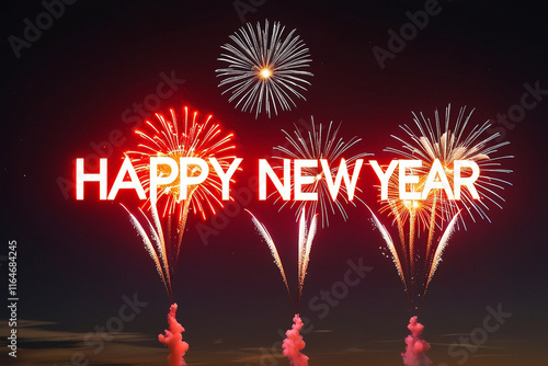 Vibrant fireworks illuminate a dark night sky, spelling out 'Happy New Year' in bold letters. A festive and celebratory scene perfect for holiday or seasonal designs photo