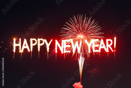 Vibrant fireworks illuminate a dark night sky, spelling out 'Happy New Year' in bold letters. A festive and celebratory scene perfect for holiday or seasonal designs