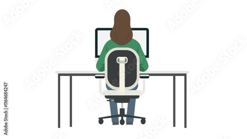 Illustration of a woman with brown hair sitting on an office chair, working at a desk with a computer, viewed from behind
