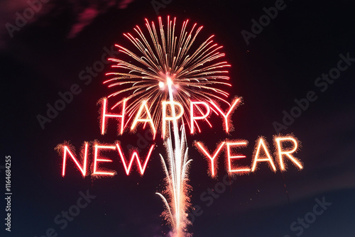 Vibrant fireworks illuminate a dark night sky, spelling out 'Happy New Year' in bold letters. A festive and celebratory scene perfect for holiday or seasonal designs