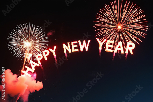 Vibrant fireworks illuminate a dark night sky, spelling out 'Happy New Year' in bold letters. A festive and celebratory scene perfect for holiday or seasonal designs