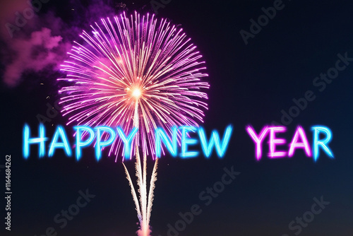 Vibrant fireworks illuminate a dark night sky, spelling out 'Happy New Year' in bold letters. A festive and celebratory scene perfect for holiday or seasonal designs