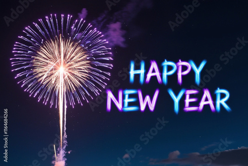Vibrant fireworks illuminate a dark night sky, spelling out 'Happy New Year' in bold letters. A festive and celebratory scene perfect for holiday or seasonal designs