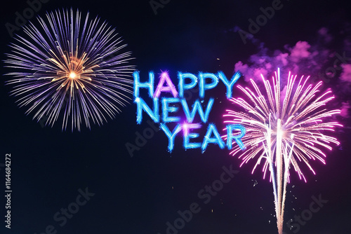 Vibrant fireworks illuminate a dark night sky, spelling out 'Happy New Year' in bold letters. A festive and celebratory scene perfect for holiday or seasonal designs