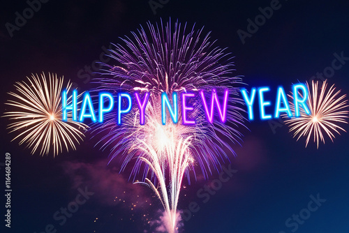 Vibrant fireworks illuminate a dark night sky, spelling out 'Happy New Year' in bold letters. A festive and celebratory scene perfect for holiday or seasonal designs
