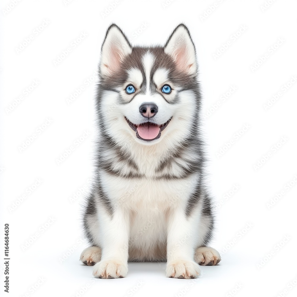 A cute Siberian Husky puppy with striking blue eyes, sitting confidently against a white background, radiating joy and curiosity. A cute Siberian Husky puppy with striking blue eyes, sitting confidently against a white background, radiating joy and curiosity.