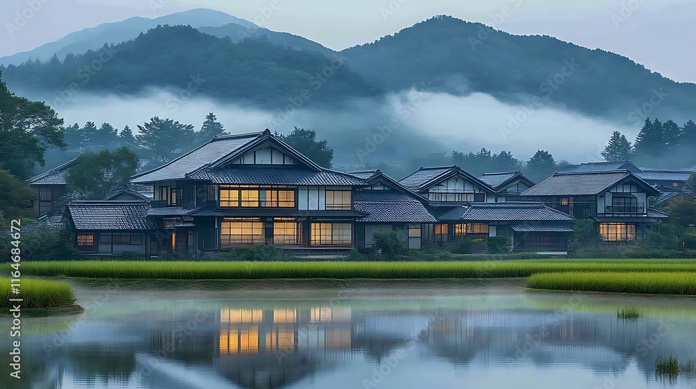 Naklejka premium Tranquil Japanese Village Houses Reflected in Still Water