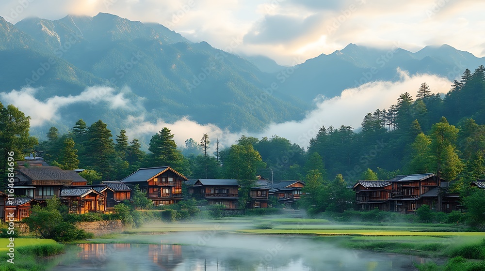 Fototapeta premium Serene Japanese Village nestled in misty mountains