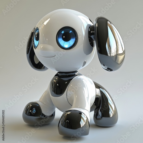 A playful 3D robotic dog with a grin, combining advanced technology and charming design, positioned in front of a pristine white backdrop photo