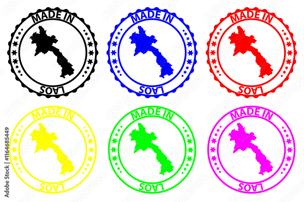 Made in Laos - rubber stamp - vector, Laos map pattern - black, blue, green, yellow, purple and red Made in Laos - rubber stamp - vector, Laos map pattern - black, blue, green, yellow, purple and red