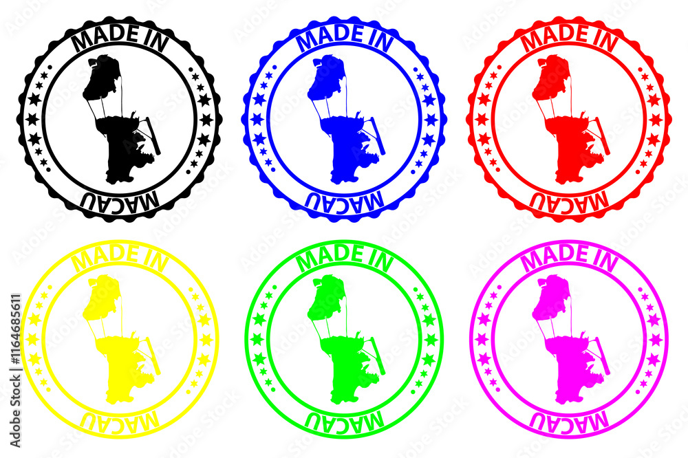 Made in Macau - rubber stamp - vector, Macau map pattern - black, blue, green, yellow, purple and red Made in Macau - rubber stamp - vector, Macau map pattern - black, blue, green, yellow, purple and red