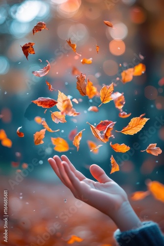 Hand releases colorful autumn leaves in a forest with out-of-focus background capturing the essence of fall in warm tones