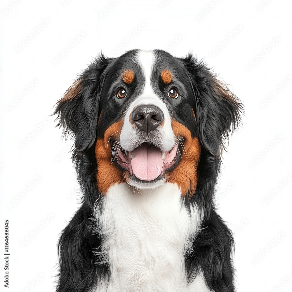 A friendly Bernese Mountain Dog with a joyful expression, showcasing its thick fur and distinctive coat colors. A friendly Bernese Mountain Dog with a joyful expression, showcasing its thick fur and distinctive coat colors.