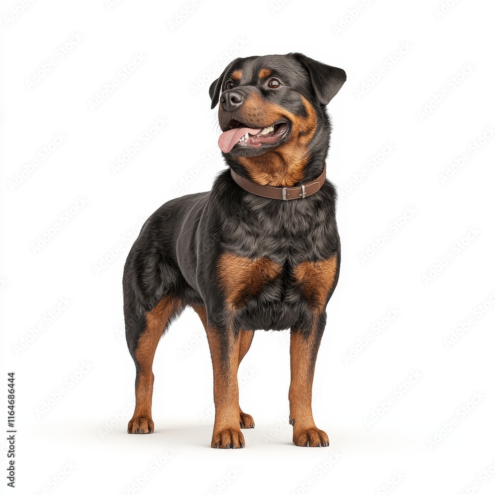 A friendly Rottweiler standing proudly, showcasing its strong build and playful spirit. A friendly Rottweiler standing proudly, showcasing its strong build and playful spirit.
