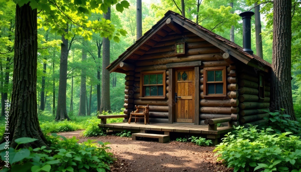 Wooden cabin in forest with rustic wooden door and ladder, outdoors, warm Wooden cabin in forest with rustic wooden door and ladder, outdoors, warm