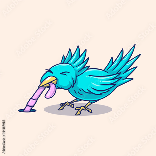 Lttle blue bird is pulling a worm out of its hole