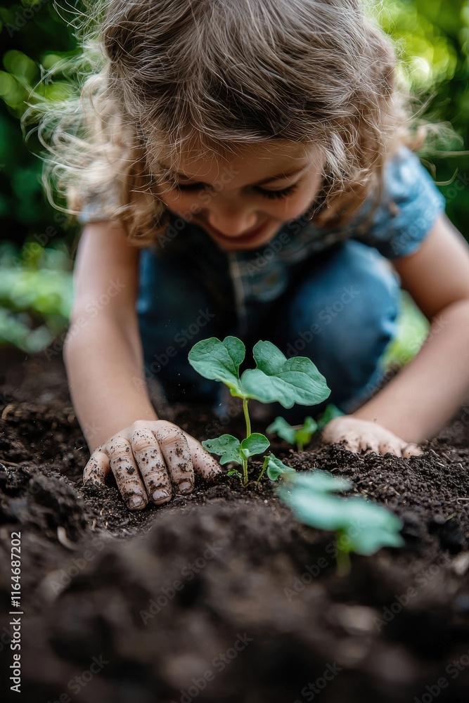 Child planting a young seedling in rich soil during a sunny afternoon in a garden