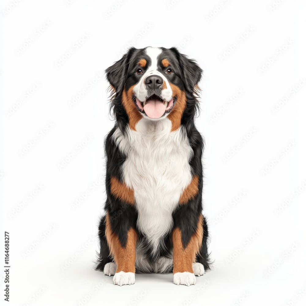 A happy Bernese Mountain Dog sitting upright, showcasing its friendly features and glossy fur. A happy Bernese Mountain Dog sitting upright, showcasing its friendly features and glossy fur.