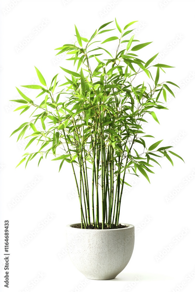 A realistic potted bamboo plant with slender, delicate green leaves, naturally curved and bending stems, isolated on white background A realistic potted bamboo plant with slender, delicate green leaves, naturally curved and bending stems, isolated on white background