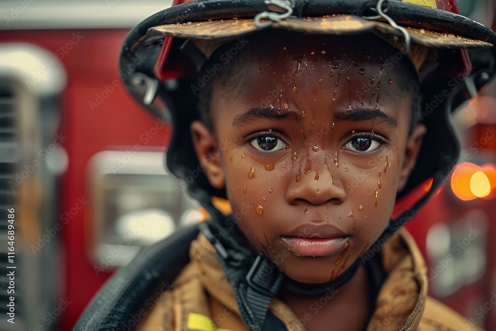A young fireman looks determined, showcasing courage and resolve in the face of challenges. A young fireman looks determined, showcasing courage and resolve in the face of challenges.