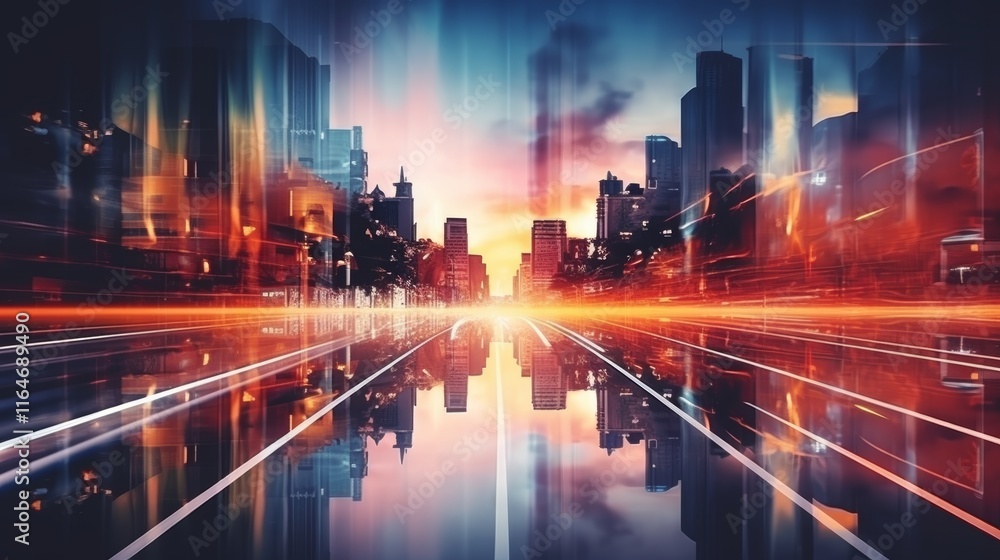 Dynamic fusion of blurred traffic lights and cityscape at night, capturing urban energy and movement Dynamic fusion of blurred traffic lights and cityscape at night, capturing urban energy and movement