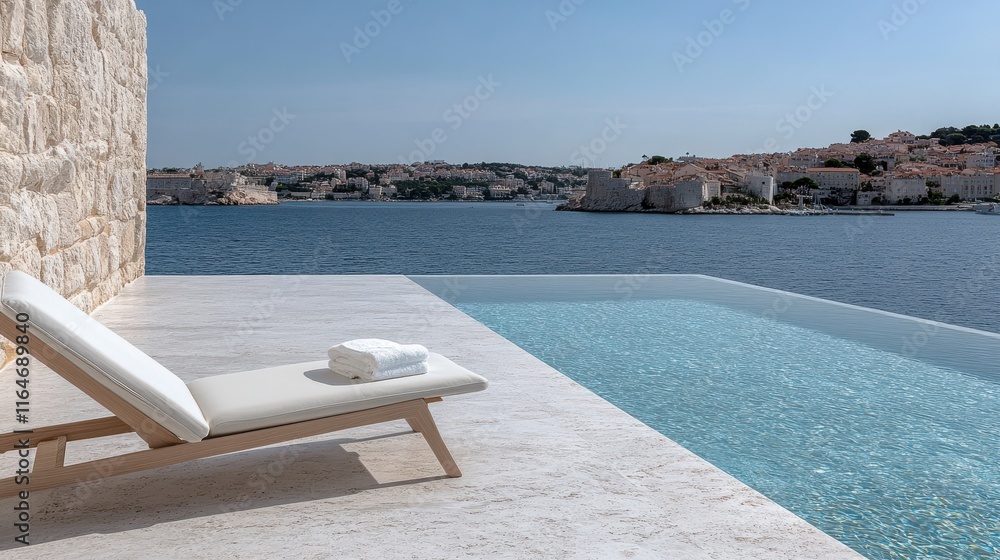 Luxurious sunbeds with plush towels overlook a serene infinity pool, offering breathtaking sea views and ultimate relaxation. Luxurious sunbeds with plush towels overlook a serene infinity pool, offering breathtaking sea views and ultimate relaxation.