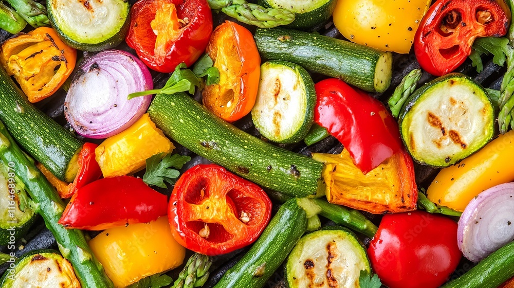 Fresh zucchini, bell peppers, and asparagus grilled for a delicious summer dish Fresh zucchini, bell peppers, and asparagus grilled for a delicious summer dish
