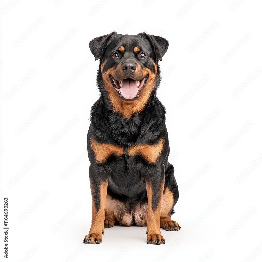 A happy Rottweiler dog sits proudly, showcasing its friendly demeanor and playful spirit against a clean white background. A happy Rottweiler dog sits proudly, showcasing its friendly demeanor and playful spirit against a clean white background.