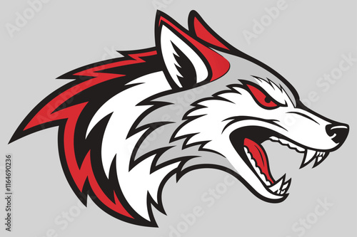 A cartoon logo of a fierce wolf's head in a side profile.