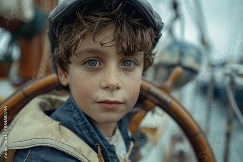 A young boy with captivating blue eyes stands at the helm of a boat, wearing a sailor's cap, ready for adventure. photo