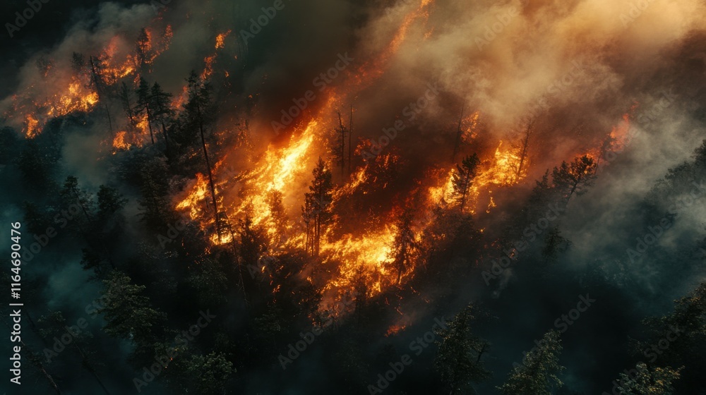 Aerial view of a pine forest fire with flame and smoke - Global Warming Aerial view of a pine forest fire with flame and smoke - Global Warming