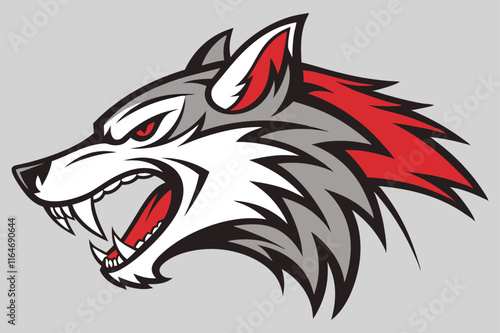 A cartoon logo of a fierce wolf's head in a side profile.