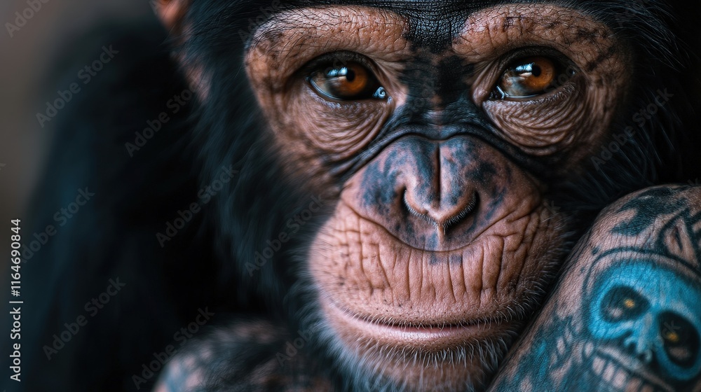 A soulful chimpanzee gazes deeply towards the camera, resting its chin on a tattooed arm, evoking emotions of curiosity and intelligence in both primate and tattoo. A soulful chimpanzee gazes deeply towards the camera, resting its chin on a tattooed arm, evoking emotions of curiosity and intelligence in both primate and tattoo.