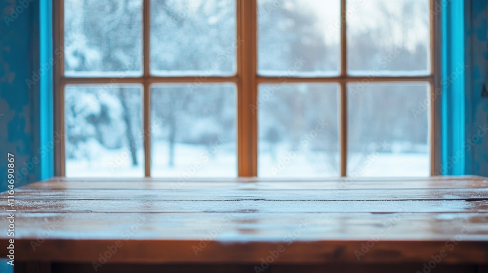 Empty table and winter window in background Empty table and winter window in background