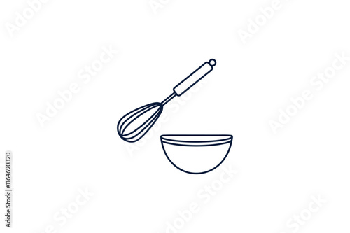 kitchen whisk and mixing bowl line art vector illustration