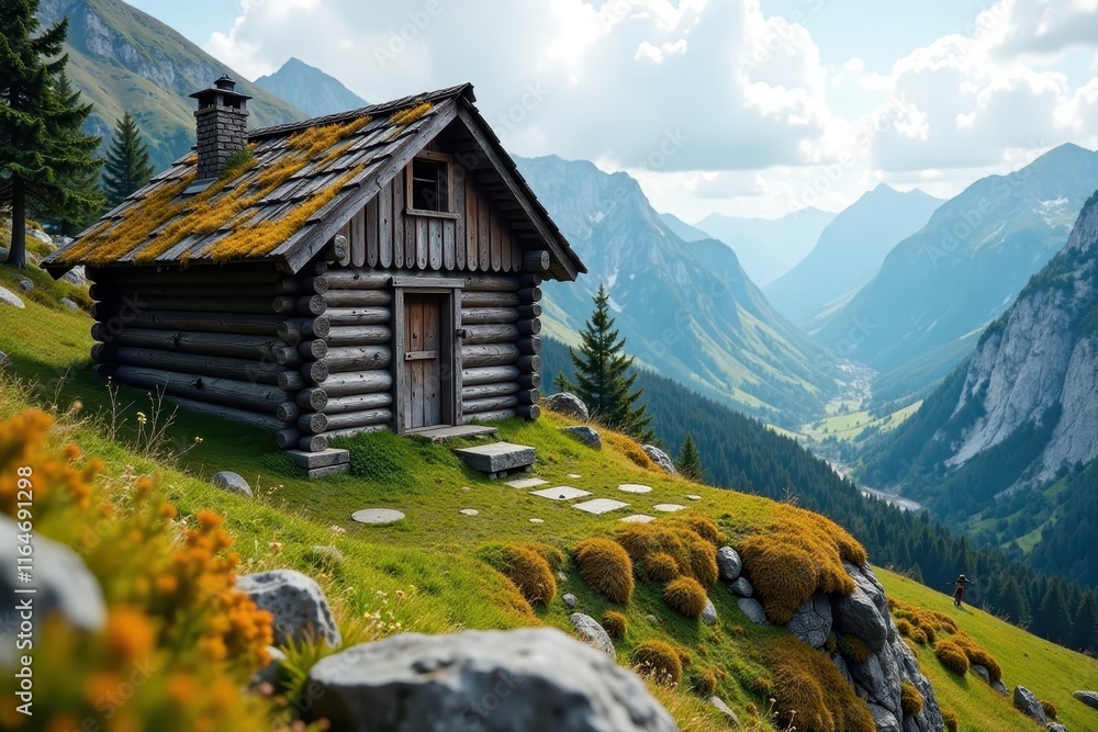 Old wooden cabin on a mountainous terrain with moss and lichen, trees, cabin Old wooden cabin on a mountainous terrain with moss and lichen, trees, cabin