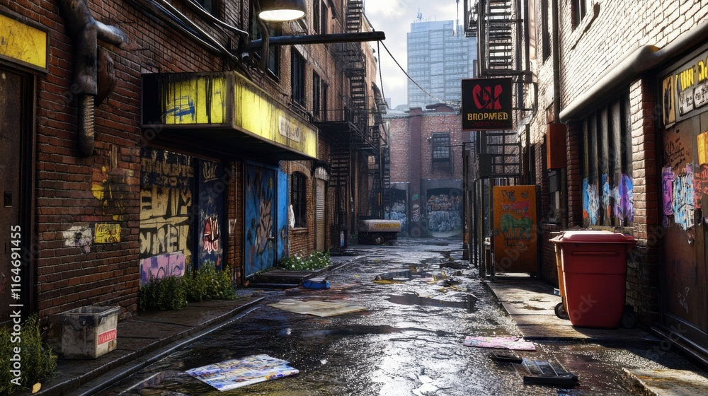 Fototapeta premium Urban Alley with Colorful Graffiti and Soft Lighting
