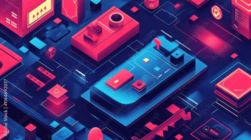 The concept of gamifying loyalty programs to increase engagement in vibrant red and electric blue colors The concept of gamifying loyalty programs to increase engagement in vibrant red and electric blue colors