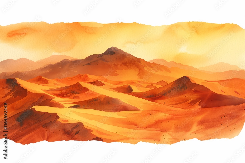 Naklejka premium A vibrant desert landscape highlighting orange hues and undulating sand dunes under a warm sunset glow.