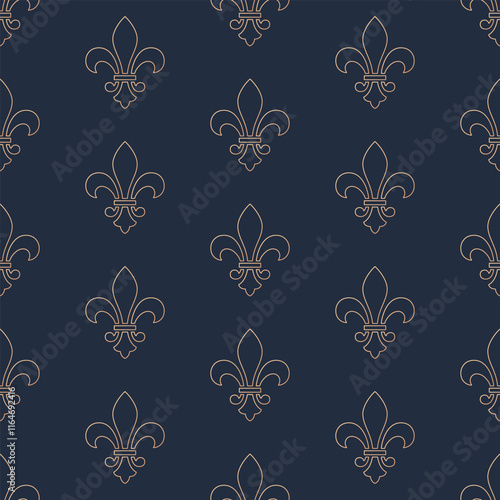 Bronze outline fleur de lys on indigo blue background. Vector seamless pattern. Best for textile, wallpapers, wrapping paper, package and web design.