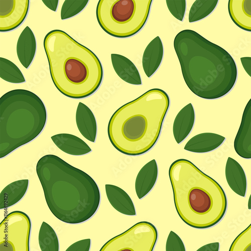 Avocado vector seamless pattern. Cut slices and green leaves on yellow background. Best for textile, wallpapers, kitchen decoration, wrapping paper and your design.